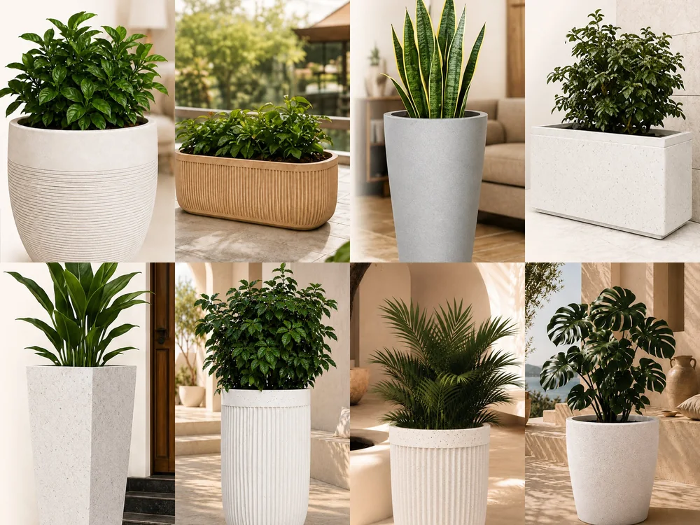 Eight Vellam Green planters with plants in cream, sandstone and grey finishes