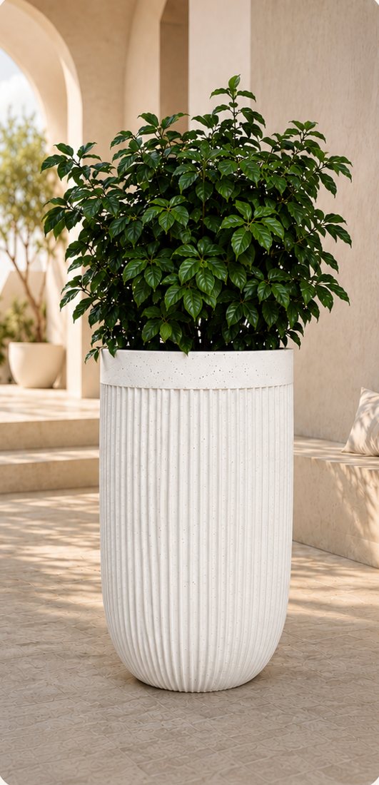 Aster tall ribbed oval planter in white on a patio